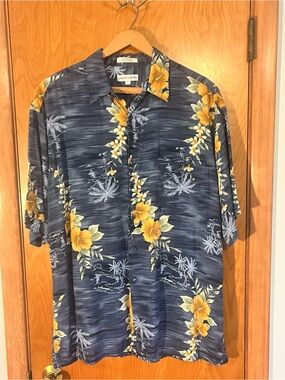 Pierre Cardin Shirt Adult Large  Blue Hawaiian Button Up Tropical Floral Mens